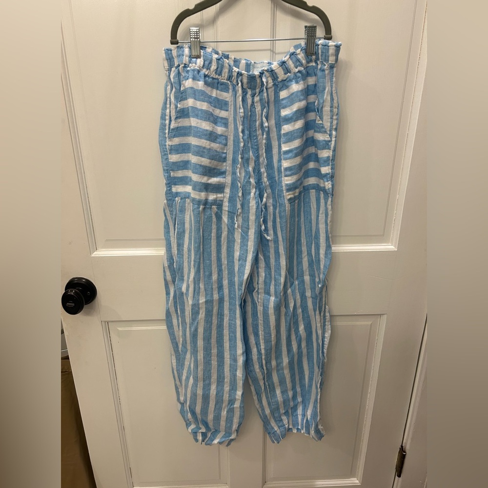 Cynthia Rowley Blue and White Striped Linen Pant
